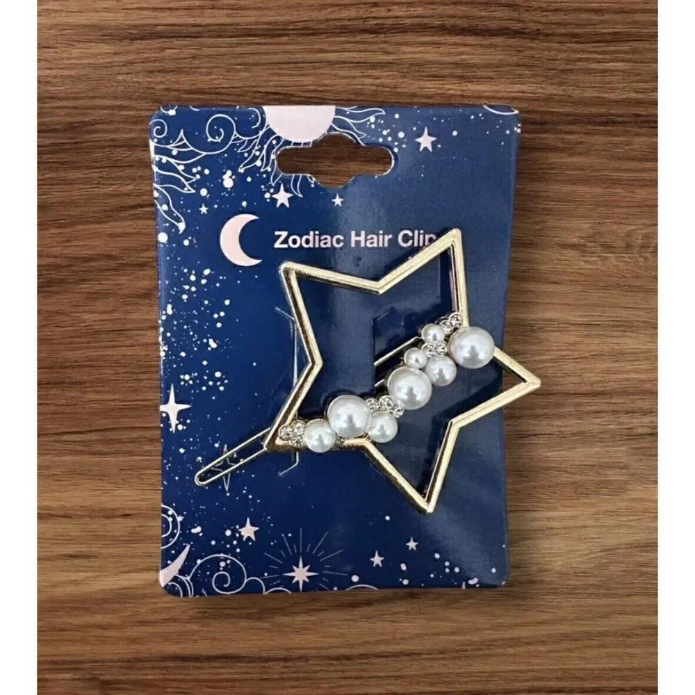 NWT 2 Inch Zodiac Gold Plated Metal Faux Imitation Pearl Star Hair Clip Barrette